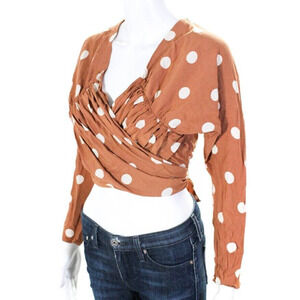 L'Academie Polka Dot Print Ruched Cropped Wrap Blouse Brown White Size S